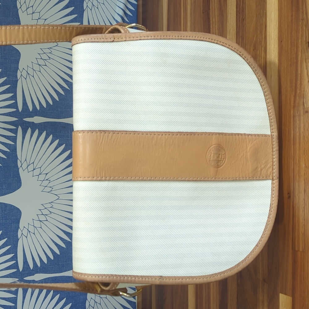 Vintage Fendi crossbody cream and grey striped purse with tan leather ac…